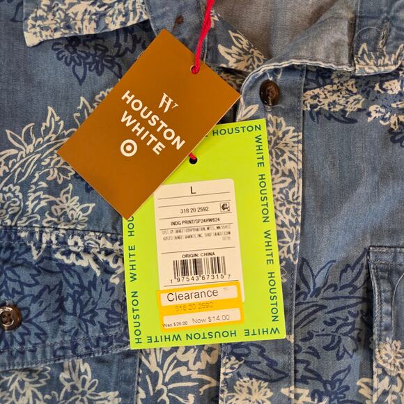 Houston White Floral Button Up Shirt L NWT Blue White Short Sleeve Casual - Picture 6 of 10